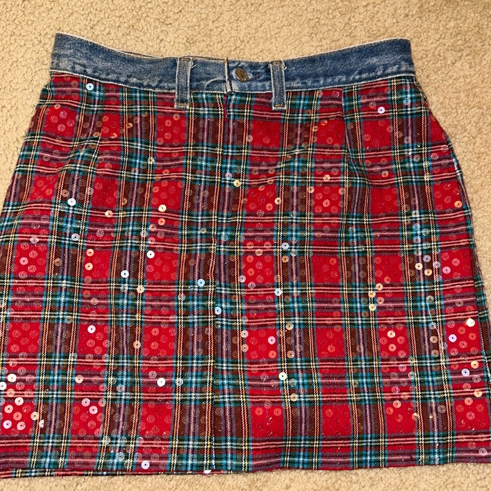 Blue jeans, red plaid and clear sequin skirt size 6